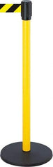 Tensator - 38-1/2" High, 2" Pole Diam, Tensabarrier Post - 13-1/2" Base Diam, Round Stainless Steel Base, Yellow 7-1/2' Tape - USA Tool & Supply