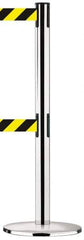 Tensator - 38-1/2" High, 2-1/2" Pole Diam, Tensabarrier Post - 13-1/2" Base Diam, Round Metal Base, Polished Chrome (Color) 7-1/2' Tape, Dual Line Tape - USA Tool & Supply