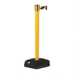 Tensator - 38-1/4" High, 2-1/2" Pole Diam, Tensabarrier Post - 19" Base Diam, UPVC Base, Yellow Plastic Post, 7-1/2' Tape, Single Line Tape, For Outdoor Use - USA Tool & Supply