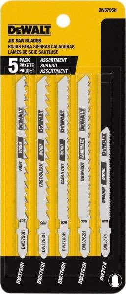 DeWALT - 5 Piece, 3" to 5" Long, 6 to 18 Teeth per Inch, Bi-Metal Jig Saw Blade Set - Toothed Edge, T-Shank - USA Tool & Supply