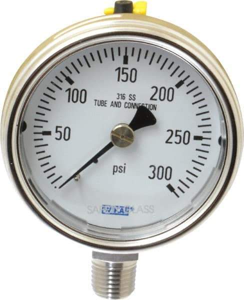 Wika - 2-1/2" Dial, 1/4 Thread, 0-300 Scale Range, Pressure Gauge - Lower Connection Mount, Accurate to 2-1-2% of Scale - USA Tool & Supply