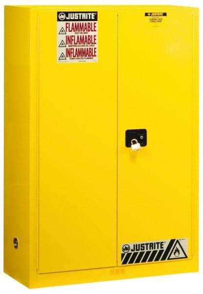 Justrite - 2 Door, 2 Shelf, Yellow Steel Standard Safety Cabinet for Flammable and Combustible Liquids - 65" High x 43" Wide x 18" Deep, Manual Closing Door, 3 Point Key Lock, 45 Gal Capacity - USA Tool & Supply