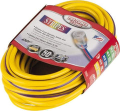 Southwire - 50', 12/3 Gauge/Conductors, Yellow/Purple Outdoor Extension Cord - 1 Receptacle, 15 Amps, 125 VAC, UL SJTW, NEMA 5-15P, 5-15R - USA Tool & Supply