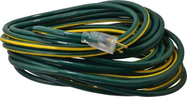 Southwire - 50', 12/3 Gauge/Conductors, Green/Yellow Outdoor Extension Cord - 1 Receptacle, 15 Amps, 125 VAC, UL SJTW, NEMA 5-15P, 5-15R - USA Tool & Supply