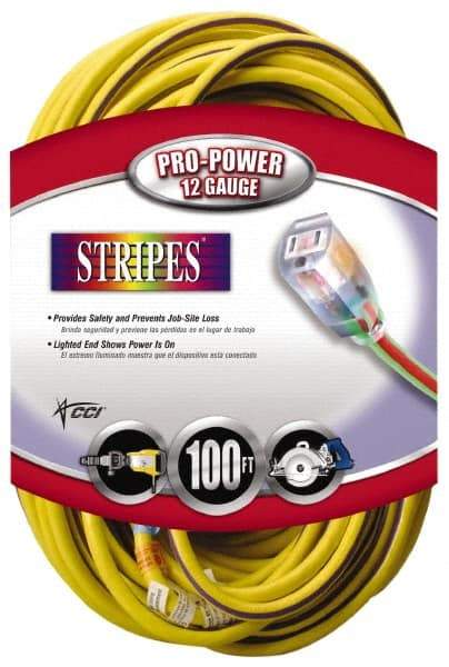 Southwire - 100', 12/3 Gauge/Conductors, Yellow/Purple Outdoor Extension Cord - 1 Receptacle, 15 Amps, 125 VAC, UL SJTW, NEMA 5-15P, 5-15R - USA Tool & Supply