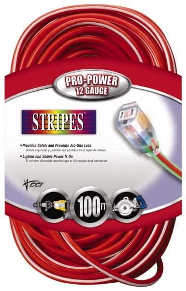 Southwire - 100', 12/3 Gauge/Conductors, Red/White Outdoor Extension Cord - 1 Receptacle, 15 Amps, 125 VAC, UL SJTW, NEMA 5-15P, 5-15R - USA Tool & Supply