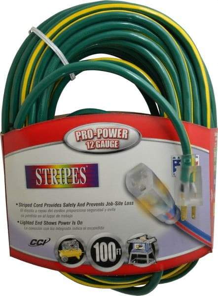 Southwire - 100', 12/3 Gauge/Conductors, Green/Yellow Outdoor Extension Cord - 1 Receptacle, 15 Amps, 125 VAC, UL SJTW, NEMA 5-15P, 5-15R - USA Tool & Supply