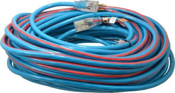 Southwire - 100', 12/3 Gauge/Conductors, Blue/Red Outdoor Extension Cord - 1 Receptacle, 15 Amps, 125 VAC, UL SJTW, NEMA 5-15P, 5-15R - USA Tool & Supply