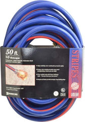 Southwire - 50', 10/3 Gauge/Conductors, Blue/Red Outdoor Extension Cord - 1 Receptacle, 15 Amps, 125 VAC, UL SJTW, NEMA 5-15P, 5-15R - USA Tool & Supply