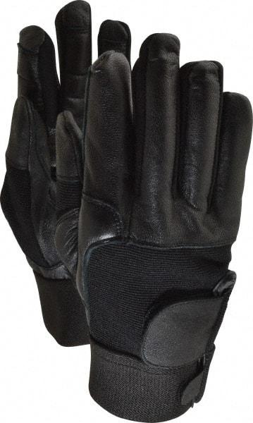 Ability One - Size L (9) Leather/Spandex/Gel Padded Anti-Vibration/Impact Protection Work Gloves - For Mechanic's & Lifting, Uncoated, Hook & Loop Cuff, Full Fingered, Black, Paired - USA Tool & Supply