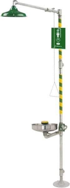 Haws - 1-1/4" Inlet, 20 GPM shower Flow, Drench shower, Eye & Face Wash Station - Bowl, Triangular Pull Rod & Push Flag Activated, Galvanized Steel Pipe, Plastic Shower Head, 3.7 GPM Bowl Flow, Inline Strainer, Barrier Free, Top or Mid Supply - USA Tool & Supply