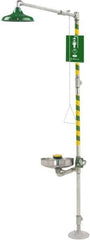 Haws - 1-1/4" Inlet, 20 GPM shower Flow, Drench shower, Eye & Face Wash Station - Bowl, Triangular Pull Rod & Push Flag Activated, Galvanized Steel Pipe, Plastic Shower Head, 3.7 GPM Bowl Flow, Inline Strainer, Barrier Free, Top or Mid Supply - USA Tool & Supply