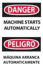 NMC - Accident Prevention Label, Header: DANGER - Legend: Danger - Machine Starts Automatically, English & Spanish, Black, Red & White, 3" Long x 5" High, Sign Muscle Finish - USA Tool & Supply