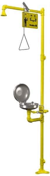 Bradley - 1-1/4" Inlet, 26 GPM shower Flow, Drench shower & Eyewash Station - Bowl with Hinged Dust Cover, Triangular Pull Rod & Push Flag Activated, Galvanized Steel Pipe, Plastic Shower Head, 0.4 GPM Bowl Flow, Corrosion Resistant, Top or Mid Supply - USA Tool & Supply