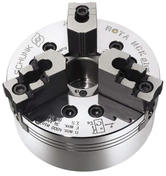 Schunk - 3 Jaws, 12-1/2" Chuck Diam, A2-6 Mount, 3.583" Through Hole, Hydraulic Power Lathe Chuck - 32,592 Lb Force per Jaw, 3,300 RPM, Steel Body - USA Tool & Supply