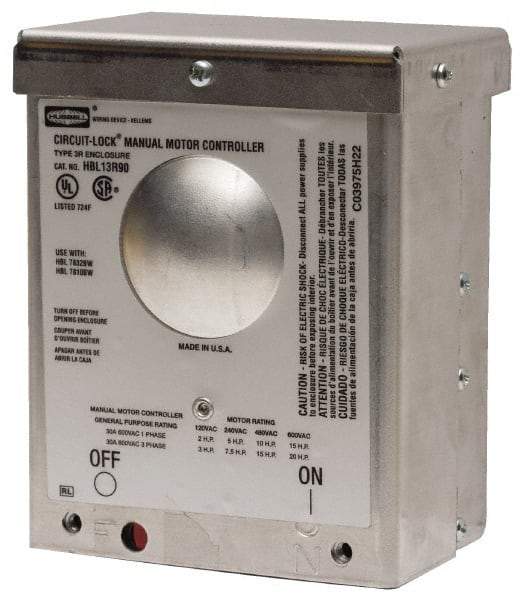 Hubbell Wiring Device-Kellems - 2 Poles, 60 Amp, NEMA, Enclosed Pushbutton Manual Motor Starter - 111.8mm Wide x 83.8mm Deep x 256.8mm High, 15 hp, CSA Certified, NEMA 3R & UL Listed - USA Tool & Supply
