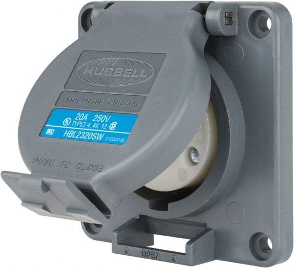 Hubbell Wiring Device-Kellems - 250 VAC, 20 Amp, L6-20R NEMA, Self Grounding Receptacle - 2 Poles, 3 Wire, Female End, Gray - USA Tool & Supply