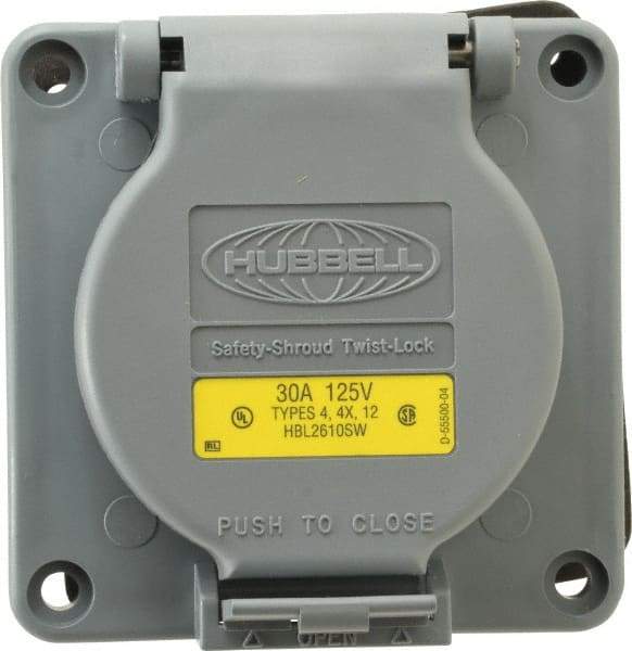 Hubbell Wiring Device-Kellems - 125 VAC, 30 Amp, L5-30R NEMA, Self Grounding Receptacle - 2 Poles, 3 Wire, Female End, Gray - USA Tool & Supply