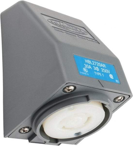 Hubbell Wiring Device-Kellems - 250 VAC, 30 Amp, L15-30R NEMA, Self Grounding Receptacle - 3 Poles, 4 Wire, Female End, Gray - USA Tool & Supply