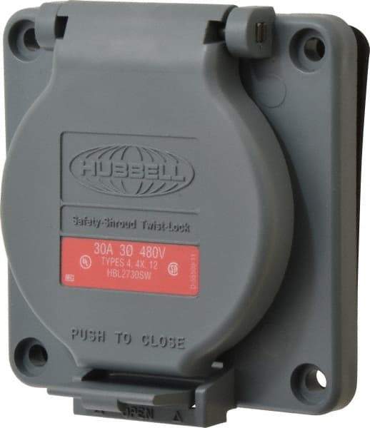 Hubbell Wiring Device-Kellems - 480 VAC, 30 Amp, L16-30R NEMA, Self Grounding Receptacle - 3 Poles, 4 Wire, Female End, Gray - USA Tool & Supply
