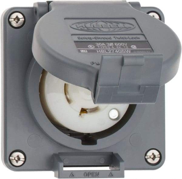 Hubbell Wiring Device-Kellems - 600 VAC, 30 Amp, L17-30R NEMA, Self Grounding Receptacle - 3 Poles, 4 Wire, Female End, Gray - USA Tool & Supply