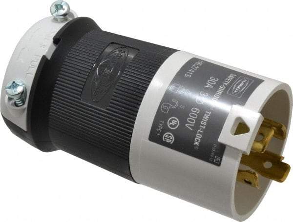Hubbell Wiring Device-Kellems - 600 VAC, 30 Amp, L17-30P Configuration, Industrial Grade, Self Grounding Plug - 3 Phase, 3 Poles, IP20, 0.35 to 1.15 Inch Cord Diameter - USA Tool & Supply