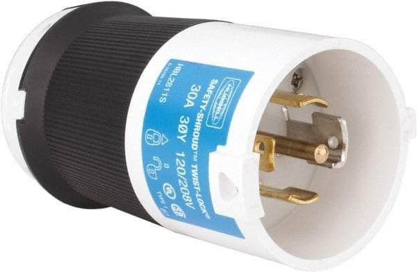 Hubbell Wiring Device-Kellems - 120/208 VAC, 30 Amp, L21-30P Configuration, Industrial Grade, Self Grounding Plug - 3 Phase, 4 Poles, IP20, 0.35 to 1.15 Inch Cord Diameter - USA Tool & Supply