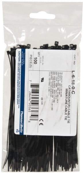 Thomas & Betts - 6.4" Long Black Nylon Standard Cable Tie - 18 Lb Tensile Strength, 1.13mm Thick, 1-1/2" Max Bundle Diam - USA Tool & Supply