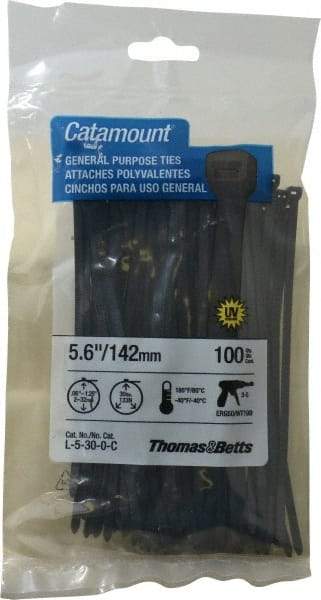 Thomas & Betts - 5.6" Long Black Nylon Standard Cable Tie - 30 Lb Tensile Strength, 1.21mm Thick, 1-1/4" Max Bundle Diam - USA Tool & Supply