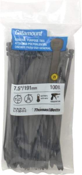 Thomas & Betts - 7-1/2" Long Black Nylon Standard Cable Tie - 50 Lb Tensile Strength, 1.35mm Thick, 5/8" Max Bundle Diam - USA Tool & Supply