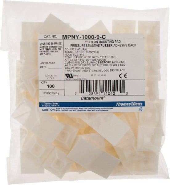 Thomas & Betts - Natural (Color), Nylon, Four Way Cable Tie Mounting Base - 28.58mm Long x 0.215" High x 28.58mm Wide Adhesive Back - USA Tool & Supply