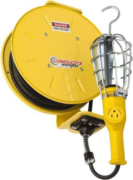 Conductix - 16 AWG, 25' Cable Length, Cord & Cable Reel with Incandescent Hand Lamp End - 1 Outlet, NEMA 5-15R, 10 Amps, 125 Volts, SOOW-A Cable, Yellow Reel, Spring Driven Reel - USA Tool & Supply