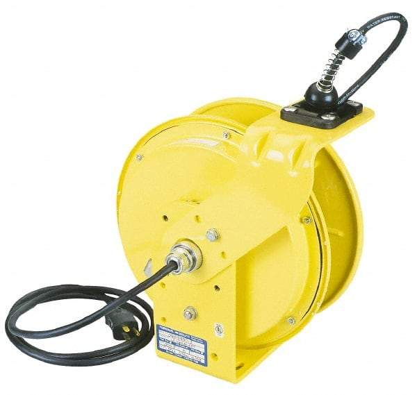 Conductix - 16 AWG, 35' Cable Length, Cord & Cable Reel with Outlet End - 3 Outlets, NEMA 5-15R, 10 Amps, 125 Volts, SOOW-A Cable, Yellow Reel, Spring Driven Reel - USA Tool & Supply