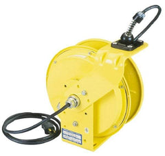 Conductix - 16 AWG, 35' Cable Length, Cord & Cable Reel with Outlet End - 3 Outlets, NEMA 5-15R, 10 Amps, 125 Volts, SOOW-A Cable, Yellow Reel, Spring Driven Reel - USA Tool & Supply