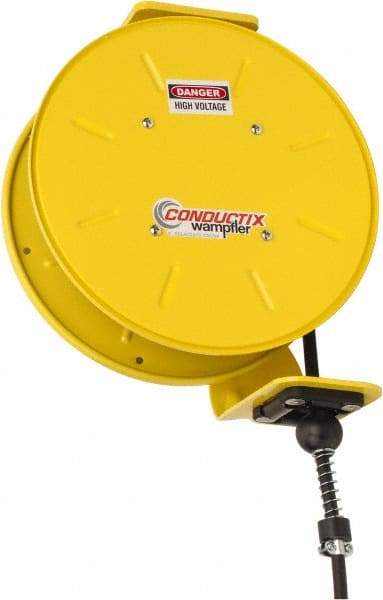 Conductix - 16 AWG, 50' Cable Length, Cord & Cable Reel with Bare End - 3 Outlets, NEMA 5-15R, 10 Amps, 110 Volts, SOOW-A Cable, Yellow Reel, Spring Driven Reel - USA Tool & Supply