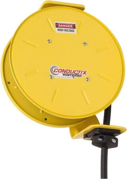 Conductix - 12 AWG, 20' Cable Length, Cord & Cable Reel with Bare End - 3 Outlets, NEMA 5-20R, 20 Amps, SEOW-A Cable, Yellow Reel, Spring Driven Reel - USA Tool & Supply