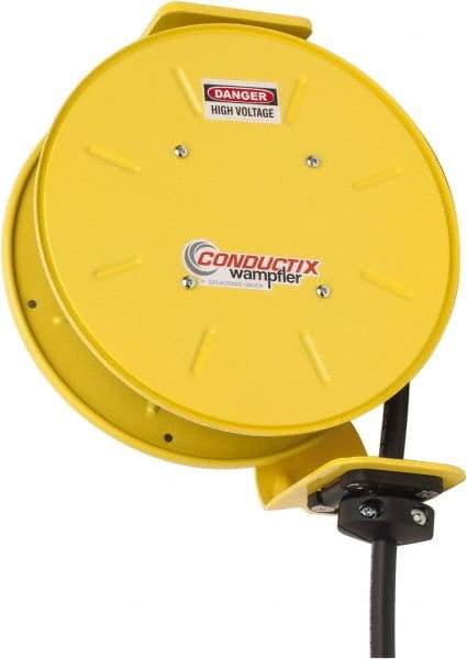 Conductix - 14 AWG, 30' Cable Length, Cord & Cable Reel with Bare End - 3 Outlets, NEMA 5-15R, 15 Amps, SEOW-A Cable, Yellow Reel, Spring Driven Reel - USA Tool & Supply