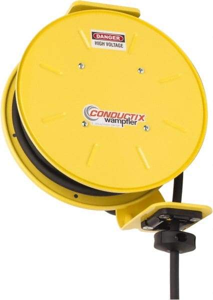 Conductix - 12 AWG, 30' Cable Length, Cord & Cable Reel with Bare End - 3 Outlets, NEMA 5-20R, 20 Amps, SEOW-A Cable, Yellow Reel, Spring Driven Reel - USA Tool & Supply