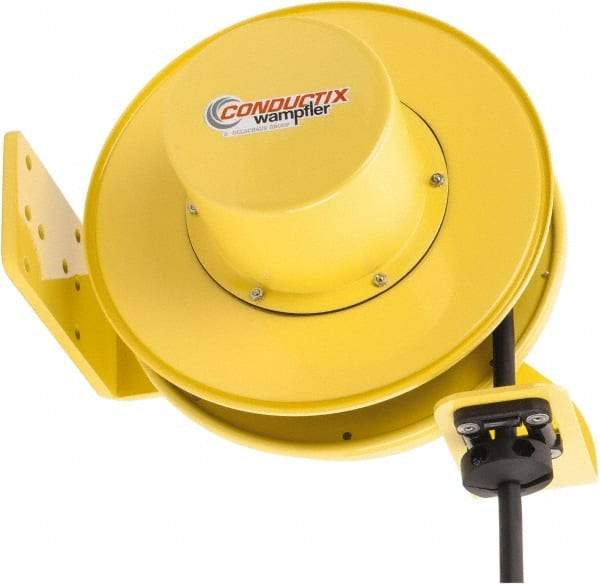 Conductix - 10 AWG, 30' Cable Length, Cord & Cable Reel with Bare End - 3 Outlets, NEMA 5-20R, 25 Amps, SEOW-A Cable, Yellow Reel, Spring Driven Reel - USA Tool & Supply