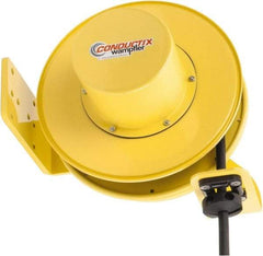 Conductix - 10 AWG, 30' Cable Length, Cord & Cable Reel with Bare End - 3 Outlets, NEMA 5-20R, 25 Amps, SEOW-A Cable, Yellow Reel, Spring Driven Reel - USA Tool & Supply