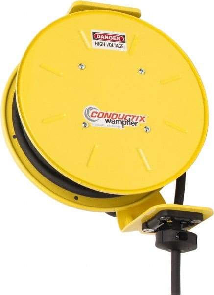 Conductix - 14 AWG, 40' Cable Length, Cord & Cable Reel with Bare End - 3 Outlets, NEMA 5-15R, 15 Amps, SEOW-A Cable, Yellow Reel, Spring Driven Reel - USA Tool & Supply