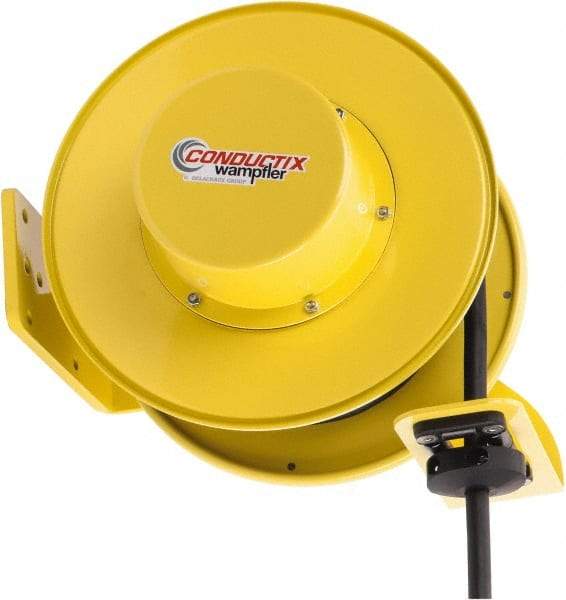 Conductix - 12 AWG, 40' Cable Length, Cord & Cable Reel with Bare End - 3 Outlets, NEMA 5-20R, 20 Amps, SEOW-A Cable, Yellow Reel, Spring Driven Reel - USA Tool & Supply