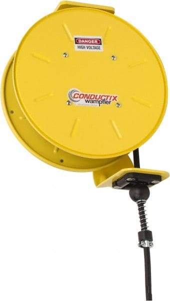 Conductix - 16 AWG, 20' Cable Length, Cord & Cable Reel with Bare End - 4 Outlets, NEMA 5-15R, 8 Amps, SEOW-A Cable, Yellow Reel, Spring Driven Reel - USA Tool & Supply