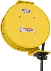 Conductix - 12 AWG, 20' Cable Length, Cord & Cable Reel with Bare End - 4 Outlets, NEMA 5-15R, 16 Amps, SEOW-A Cable, Yellow Reel, Spring Driven Reel - USA Tool & Supply