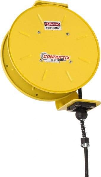 Conductix - 16 AWG, 30' Cable Length, Cord & Cable Reel with Bare End - 4 Outlets, NEMA 5-15R, 8 Amps, SEOW-A Cable, Yellow Reel, Spring Driven Reel - USA Tool & Supply