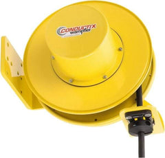 Conductix - 10 AWG, 30' Cable Length, Cord & Cable Reel with Bare End - 4 Outlets, NEMA 5-20R, 20 Amps, SEOW-A Cable, Yellow Reel, Spring Driven Reel - USA Tool & Supply