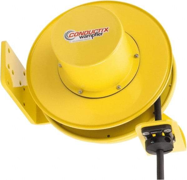 Conductix - 14 AWG, 40' Cable Length, Cord & Cable Reel with Bare End - 4 Outlets, NEMA 5-15R, 12 Amps, SEOW-A Cable, Yellow Reel, Spring Driven Reel - USA Tool & Supply