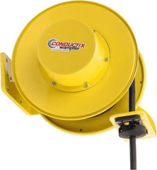 Conductix - 12 AWG, 40' Cable Length, Cord & Cable Reel with Bare End - 4 Outlets, NEMA 5-15R, 16 Amps, SEOW-A Cable, Yellow Reel, Spring Driven Reel - USA Tool & Supply