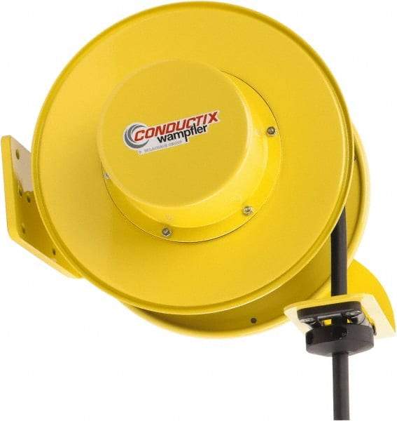 Conductix - 10 AWG, 50' Cable Length, Cord & Cable Reel with Bare End - 4 Outlets, NEMA 5-20R, 20 Amps, SEOW-A Cable, Yellow Reel, Spring Driven Reel - USA Tool & Supply