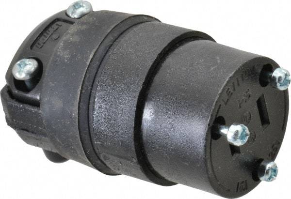 Leviton - 125 VAC, 15 Amp, 1-15R NEMA, Straight, Ungrounded, Commercial Grade Connector - 2 Pole, 2 Wire, 1 Phase, Rubber, Black - USA Tool & Supply
